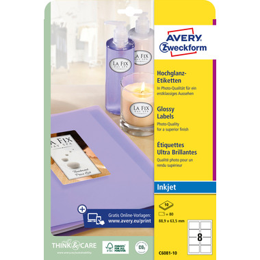 AVERY ZWECKFORM Etiketten 88,9x63,5mm C6081-10 weiss, glossy 80 Stück