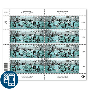 Briefmarken CHF 1.20 «100 Jahre Jean Tinguely», Bogen mit 8 Marken Bogen «100 Jahre Jean Tinguely», gummiert, gestempelt