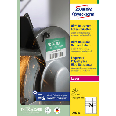 AVERY ZWECKFORM Etiquettes 63.5x33.9mm L7912-40 blanc, mat, A4 40 flls.