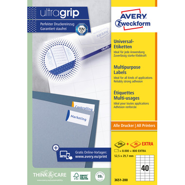AVERY ZWECKFORM Etiketten 52,5×29,7mm 3651-200 weiss 8800 Stk./200+20 Blatt