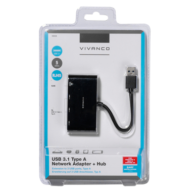 USB-A to 3xUSB-A/Ethernet Adapter, Black | Vivanco