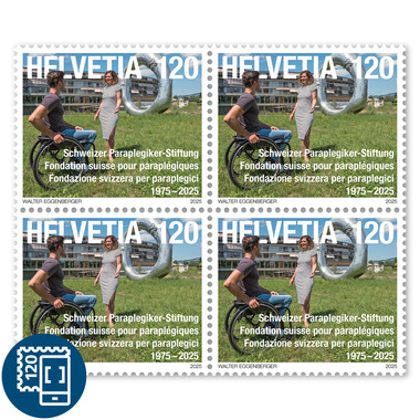 Bloc de quatre «50 ans Fondation suisse pour paraplégiques» Bloc de quatre (4 timbres, valeur d'affranchissement CHF 4.80), gommé, non oblitéré