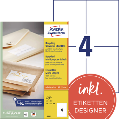 AVERY ZWECKFORM Etiketten 105x148mm LR3483 recycling 400 Stück