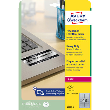 AVERY ZWECKFORM Typenschild Labels 45,7x21,2mm L60098 silber 384 Stück/8 Blatt