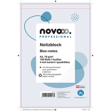 NOVOOO Notizblock recycling A5 731511 kariert 4mm, 70g 2x100 Blatt