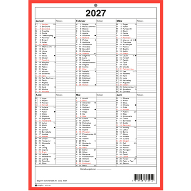 SIMPLEX Wandkalender m.Namenstag 2027 4032340.27 6M/1S rot/weiss DE A4 hoch