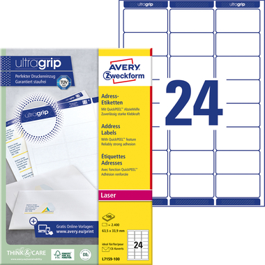 AVERY ZWECKFORM Etiquettes adress. 63,5x33,9mm L7159-100 blanc 2400 pcs./100 flls.