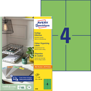 AVERY ZWECKFORM Etiquettes 105x148mm 3458 Universel, vert 100fl./4pc.