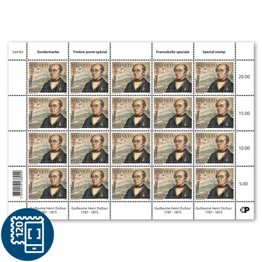 Timbres CHF 1.00 «Guillaume Henri Dufour 1787–1875», Feuille de 20 timbres Feuille «Guillaume Henri Dufour 1787–1875», gommé, non oblitéré