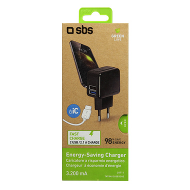 Energy-saving travel charger with 2 USB outputs