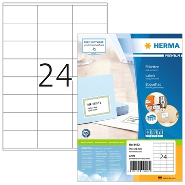 HERMA Universal-Etiketten 70x36mm 4453 weiss 2400 St./100 Blatt