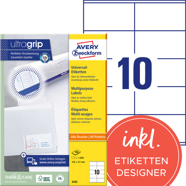 AVERY ZWECKFORM Etiketten 105x57mm 3425 weiss 1000 Stk./100 Blatt