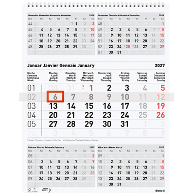 BIELLA 5-Monatskalender Wire-O 2027 889030000027U 5M/1S grau ML 31x40cm