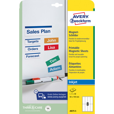 AVERY ZWECKFORM Magnet-Schilder 50x140mm OJ8875-5 weiss 40 Stück/5 Blatt