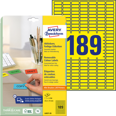 AVERY ZWECKFORM Étiquettes 25,4x10mm L6037-20 jaune 3780pcs./20fl.