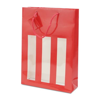 Flaschentragetasche mit Sichtfenster & Kordel in glänzendem Rot 270x90x380mm