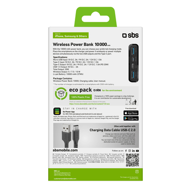 Kabellose Powerbank für 10 Watt mit Anschlüssen für USB und Type-C