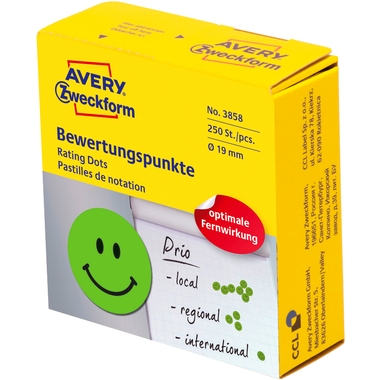 AVERY ZWECKFORM Bewertungspunkte Gesicht 19mm 3858 grün, Spender 250 Stück