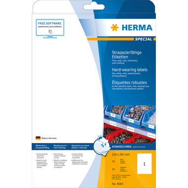 HERMA Etiquettes film 210x297mm 4584 blanc,PP mat 10 pcs./10 flls.