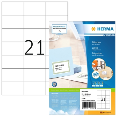 HERMA Universal-Etiketten 70x42,3mm 4668 weiss 2100 St./100 Blatt