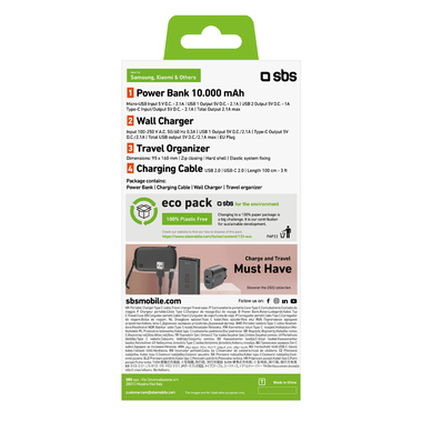 Kit con organizer, powerbank, caricatore da muro, cavo