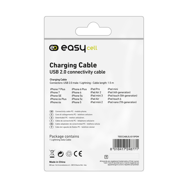 Cable for charging, synchronization and data transfer with 2.0 USB and Lightning connectors, length: 1.5 m.