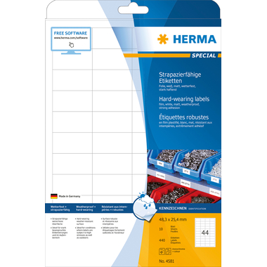 HERMA Etiquettes film 48,3x25,4mm 4581 blanc,PP mat 440pcs./10 flls.