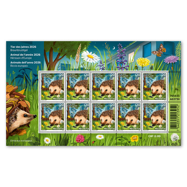 Francobolli CHF 1.20 «Animale dell’anno 2026 – Riccio europeo», Minifoglio da 10 francobolli Foglio «Animale dell’anno 2026 – Riccio europeo», autoadesiva, senza annullo