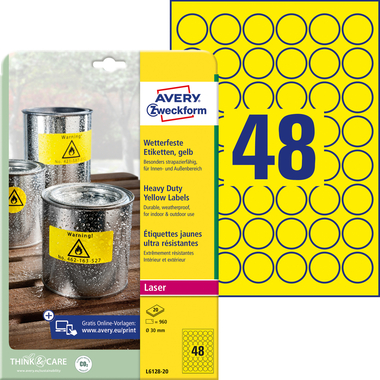 AVERY ZWECKFORM Etiquettes plaques 30mm L612820 jaune, ronde 960 pcs./20 flls.
