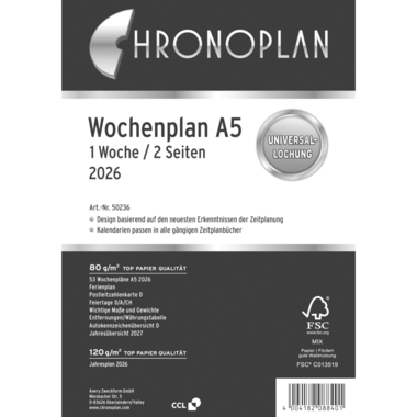 CHRONOPLAN Ersatz Wochenplan 2026 50236Z.26 1W/2S in Spalten A5