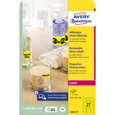 AVERY ZWECKFORM Étiquettes 63,5x29,6mm L6004-25 jaune,non-perm. 675pcs./25fl.