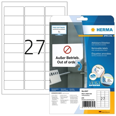 HERMA Etiketten Ablösbar 63,5x29,6mm 4347 weiss,non-perm. 675 St./25 Bl.