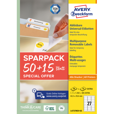 AVERY ZWECKFORM Etiquettes univers. 635x296mm L4737REV-65 blanc 50+15 flls.