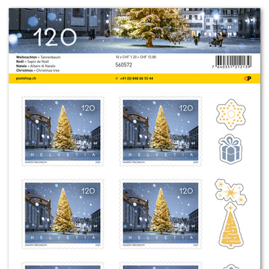 Briefmarken CHF 1.20 «Tannenbaum», Bogen mit 10 Marken Bogen «Weihnachten», selbstklebend, ungestempelt