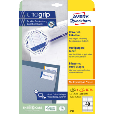 AVERY ZWECKFORM Etiquettes (1000 pcs.) A4 4780 blanc 1200 pcs./25 + 5 flls.