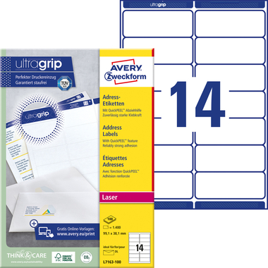 AVERY ZWECKFORM Adressetiketten 99,1x38,1mm L7163-100 weiss 1400 Stk./100 Blatt