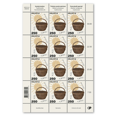 Stamps CHF 2.50 «Basket-weaving», sheet with 12 stamps