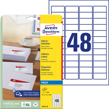 AVERY ZWECKFORM Adressetiketten 45,7x21,2mm J4791-25 InkJet, weiss 1200 Stk./25 Bl.