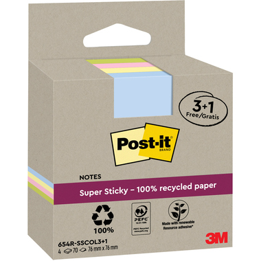 POST-IT SuperSticky Notes 76x76mm 654 RSSCOL 3+1F Recycling,assort. 4x70 Blatt