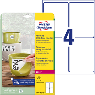 AVERY ZWECKFORM Folienetiketten 99,1x139mm L4774REV2 weiss,non-perm. 80 St. 20 Bl.