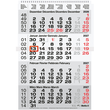 BIELLA 4-Monatskalender Wire-O 2027 889040000027U 4M/1S grau ML 31x47cm