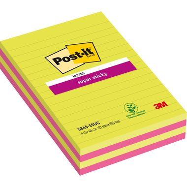 POST-IT Block Super Sticky 203x127mm 5845-SSUC grün/pink,4x45 Blatt,liniert