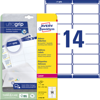AVERY ZWECKFORM Etichette indirizo 99,1x38,1mm L7163-40 bianco 560 pz./40 fogli