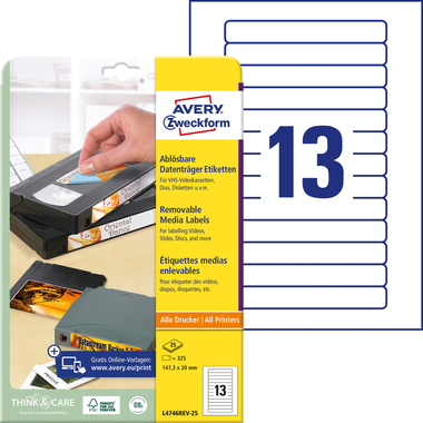 AVERY ZWECKFORM Video-Etiketten 147,3x20mm L4746REV-25 weiss,non-perm. 325 Stk./25Bl.