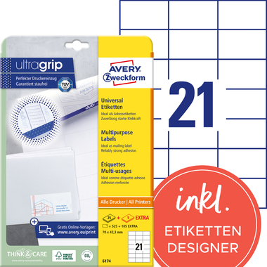 AVERY ZWECKFORM Etichette universali 70x42,3mm 6174 bianco 630 pz./25 + 5 fogli