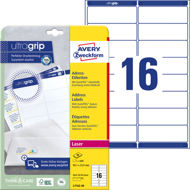 AVERY ZWECKFORM Etiquettes adress. 99,1x33,9mm L7162-40 blanc 640 pcs./40 flls.