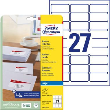 AVERY ZWECKFORM Adressetiketten 63,5x29,6mm J4792-25 InkJet, weiss 675 Stk./25 Bl.