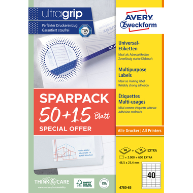 AVERY ZWECKFORM Etiquettes univers. 485x254mm 4780-65 blanc 50+15 flls.