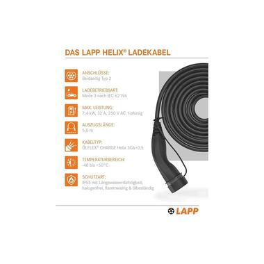 Lapp Ladekabel für Elektroauto Typ 2, 7.4kW, 32A, 5 m, Schwarz