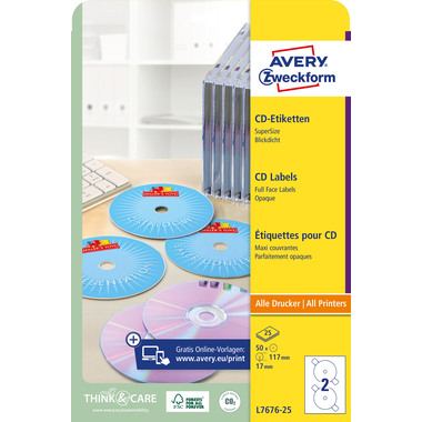 AVERY ZWECKFORM CD-Etiketten SuperSize 117mm L7676-25 weiss, permanent 25x2 Stk.